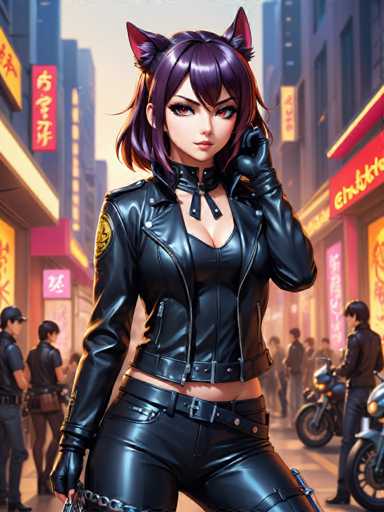 The image depicts a woman with purple hair and a leather jacket standing on the street, holding a gun and looking directly at the camera. In the background, there is a group of people walking down the sidewalk, and a motorcycle parked nearby.