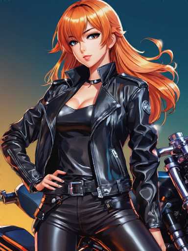 A woman with red hair and an orange top is posing on a motorcycle against a blue sky background.