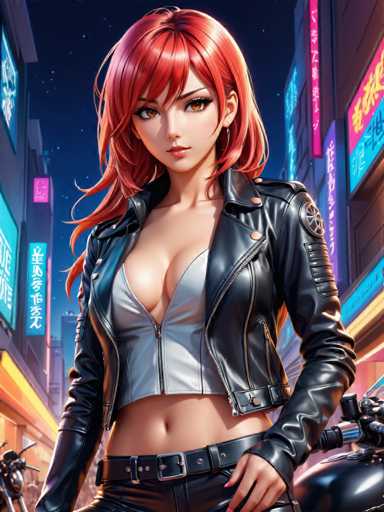 The image depicts a woman with red hair and a leather jacket standing on the street at night. She is wearing black pants and has her hand on her hip. The background features neon signs and buildings that glow in the dark, creating an urban atmosphere.