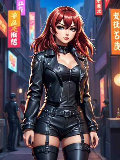 The image depicts a woman with red hair and a leather jacket standing on the sidewalk of an urban street at night. She is wearing black boots and has her hands in her pockets. The background features neon signs and buildings, creating a vibrant cityscape atmosphere.
