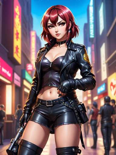 The image depicts a woman with red hair and black clothing standing on the street, holding a gun and wearing boots. The background shows buildings and neon signs, suggesting an urban setting.