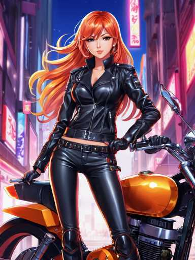 A woman with red hair is standing next to a motorcycle on a city street at night. She is wearing a black leather jacket and pants, and has her arms crossed over her chest. The background of the image shows buildings and neon signs, suggesting an urban setting.