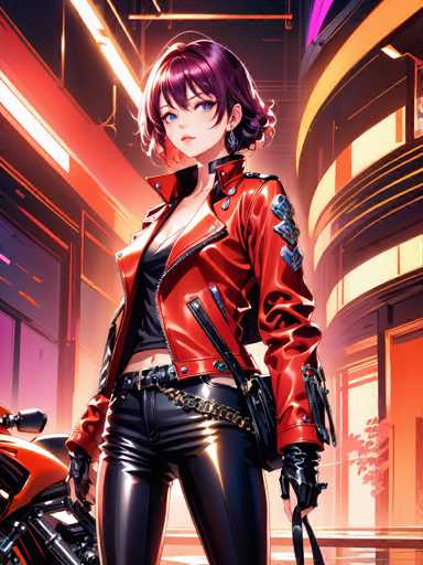 A woman with blue eyes and a red jacket stands confidently on a street corner holding an umbrella and a gun. The background features a building with neon lights and a tree.