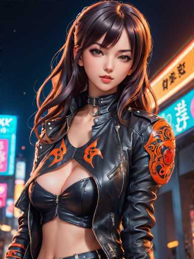 The image shows an anime character with long dark hair and a black leather jacket adorned with orange and red designs. The character is standing against the backdrop of a city street at night, with neon signs illuminating the scene.