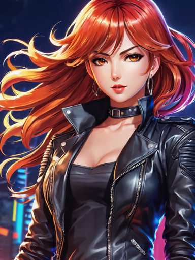 The image shows a close-up portrait of a woman with red hair styled in loose waves and wearing a black leather jacket over a white shirt. The background is dark blue, providing a stark contrast to the woman's vibrant appearance.