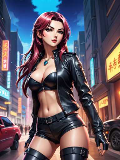 The image depicts a woman with red hair and a black leather jacket standing on the sidewalk of an urban street at night. She is wearing high heels and has her arms crossed over her chest in a confident pose. The background shows buildings and neon signs, suggesting that she is in a city setting.
