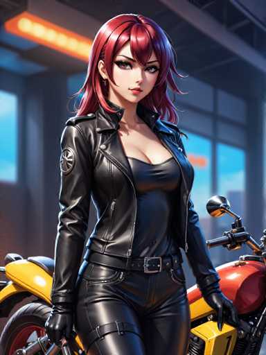 A woman with red hair is standing next to a motorcycle. She is wearing a black leather jacket and pants, and she has her arms crossed over her chest. The motorcycle behind her is yellow and red in color.