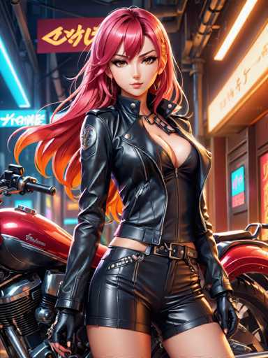 The image depicts a woman with red hair and black clothing standing next to a motorcycle on the street. The background shows a neon sign for a store or restaurant, suggesting an urban setting.