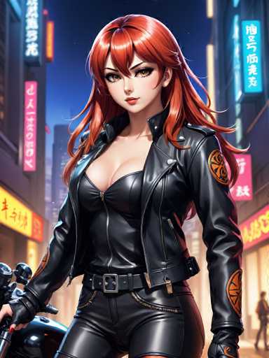 A woman with red hair and a black leather jacket stands on a street corner holding a motorcycle helmet. The background features neon signs for a store or restaurant, suggesting an urban setting.