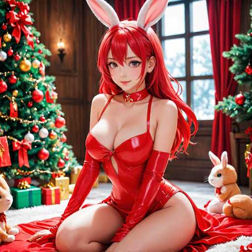 A woman dressed as a bunny is seated on a red blanket in front of a Christmas tree adorned with red and gold ornaments. The background features a window with white curtains that allows natural light to enter the room.
