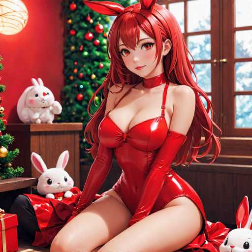 A woman dressed as a bunny is seated on a wooden bench with two stuffed bunnies and a Christmas tree behind her.