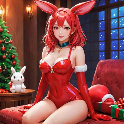 A woman is depicted wearing a red jumpsuit and white gloves with a bunny on her shoulder. She is seated on a couch next to a Christmas tree decorated with red and gold ornaments. The background features a window that allows the glow of the Christmas lights to illuminate the scene, creating an atmosphere of warmth and festivity.