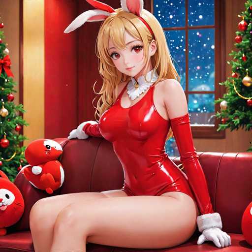 A woman is seated on a red couch with her legs crossed and wearing a red outfit that includes a top hat and gloves. A stuffed animal is also present on the couch next to her. The background features a Christmas tree decorated with ornaments and a window covered in white curtains, suggesting it's wintertime.