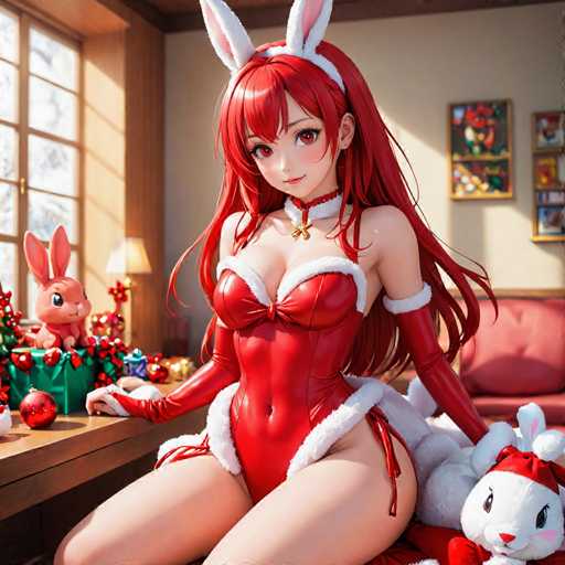 A woman dressed as a bunny is seated on a couch with her legs crossed and wearing a red bunny costume. Next to her on the floor is a stuffed white rabbit. The room has a window that lets in natural light, creating a warm and inviting atmosphere.