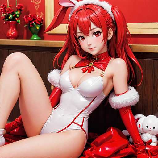 A woman with red hair and a white dress is sitting on a bed next to a stuffed animal rabbit wearing a red outfit.