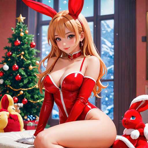 A woman dressed as a bunny is sitting on a white couch with her legs crossed and wearing red boots. Next to her on the floor is a stuffed animal rabbit. The background features a Christmas tree decorated with ornaments and a window with snowflakes falling outside.
