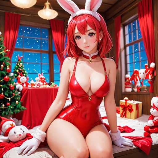 A woman is seated on a bed with red and white Christmas decorations around her. She is wearing a red dress and a white bunny ears headband. The room has a window that lets in the soft glow of Christmas lights outside.