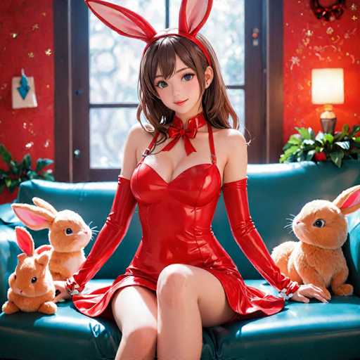 A woman is sitting on a blue couch with two stuffed animals - one brown rabbit and one white rabbit. The woman is wearing a red dress and has long hair styled in loose waves.