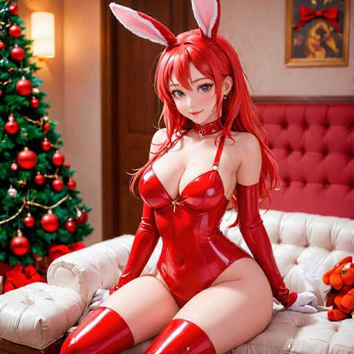 A woman with red hair and a red bunny costume is sitting on a white couch next to a Christmas tree decorated with red and gold ornaments.