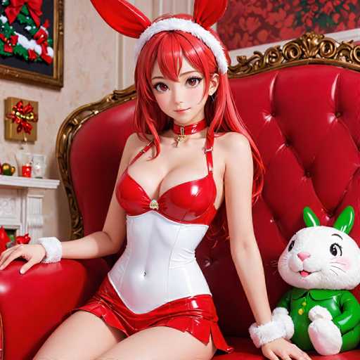 A woman is seated on a red chair with her legs crossed and wearing a white and red outfit that includes a red headband. Next to the woman is a stuffed animal rabbit dressed in green and white clothing.