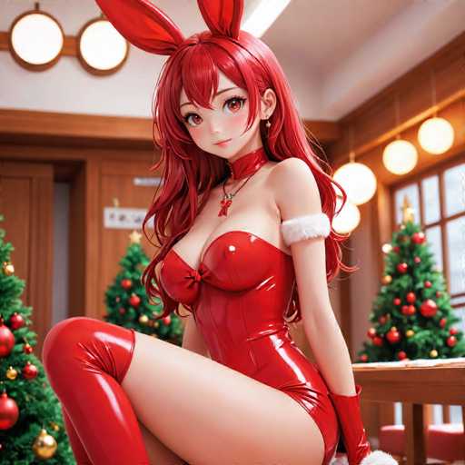 A woman with red hair and a red dress is sitting on a chair in front of two Christmas trees.