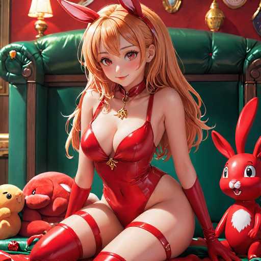 A woman is depicted wearing a red outfit and sitting on a green couch with two stuffed animals - one red bunny and one yellow bear. The background features a red wall adorned with gold decorations.