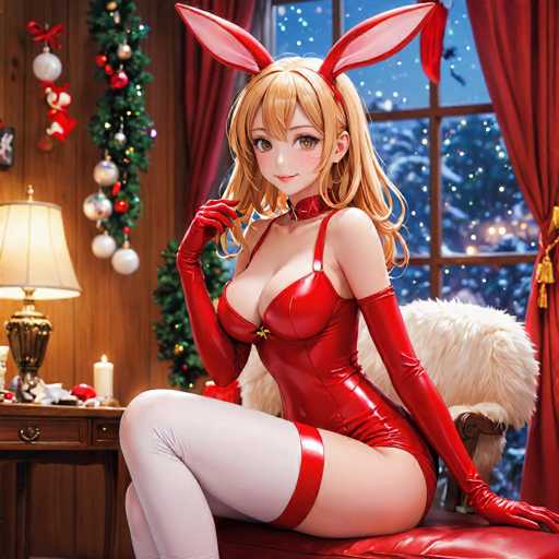 A woman dressed as a bunny is seated on a red couch with white gloves and stockings. She has blonde hair styled in loose waves and is wearing a red dress that matches the color of her gloves. The room features a window decorated with Christmas ornaments, and a lamp can be seen to the left side of the image.