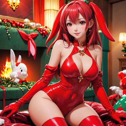 A woman is depicted wearing a red outfit and sitting on a bed with her legs crossed. She has long hair and is wearing red gloves. The room around her features Christmas decorations such as a green fireplace and a white bunny stuffed animal.