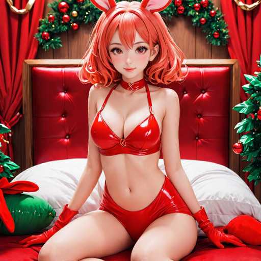 A woman with red hair and a red top is sitting on a bed wearing red gloves and boots. The background features a Christmas tree decorated with red and gold ornaments and green tinsel.