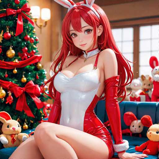 A woman with red hair and a white dress is sitting on a blue couch next to a Christmas tree decorated with gold ornaments and red bows. The background features other stuffed animals arranged in front of the tree.