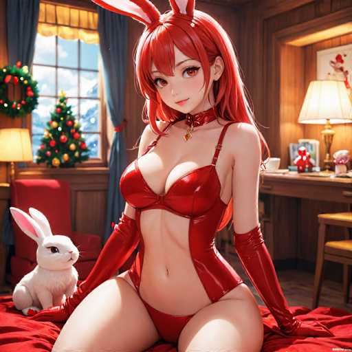 A red-haired woman with a white rabbit on her lap is depicted wearing a red strapless dress and red gloves while sitting on a bed next to a Christmas tree decorated with ornaments.