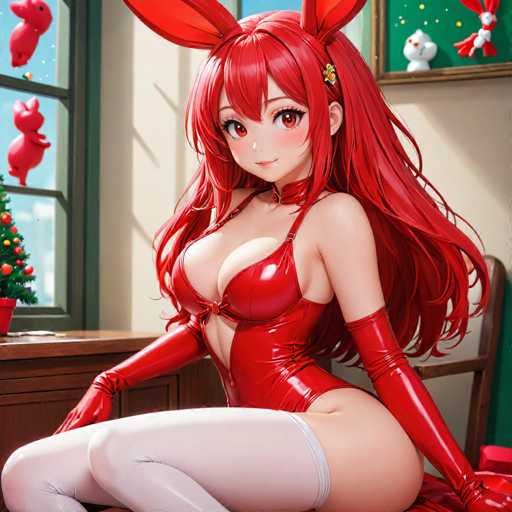 A woman with red hair and a red outfit is sitting on a chair in front of a Christmas tree decorated with red and gold ornaments.