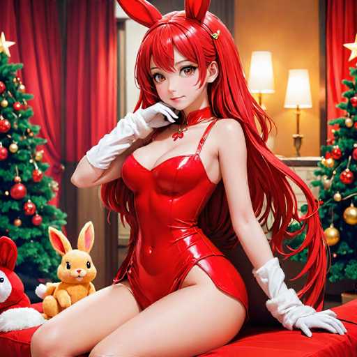A woman with red hair and a red dress is sitting on a bed next to a Christmas tree decorated with gold ornaments and a stuffed rabbit.