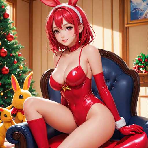 A woman is seated on a chair with red and gold accents, wearing a red bodysuit and white gloves. A Christmas tree decorated with red and gold ornaments stands behind her, and a yellow bunny toy is also present in the scene.