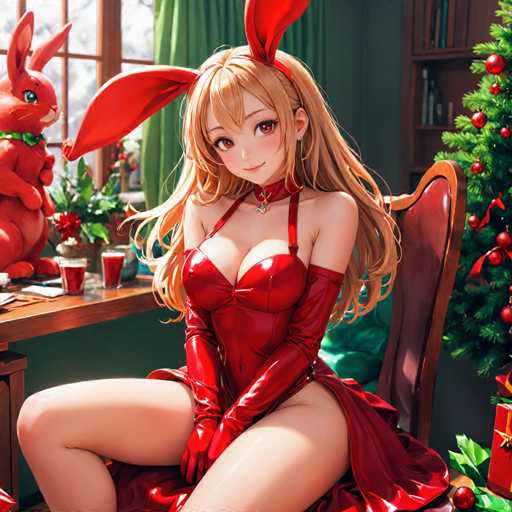 A woman is depicted wearing a red dress and high heels, sitting on a chair with her legs crossed. She has blonde hair styled in loose waves and is wearing red gloves. The background features a Christmas tree adorned with red and gold ornaments, as well as a potted plant and a vase of flowers.