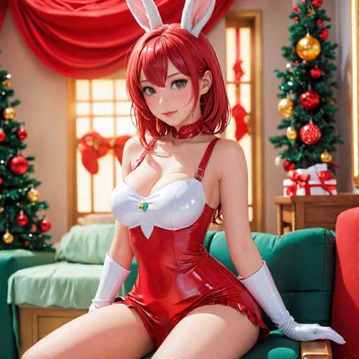 A woman dressed as a bunny is seated on a green couch with red and gold ornaments around her. She wears a red dress that matches the color of the couch and white gloves. The room has a window in the background behind the woman, which allows natural light to illuminate the scene.