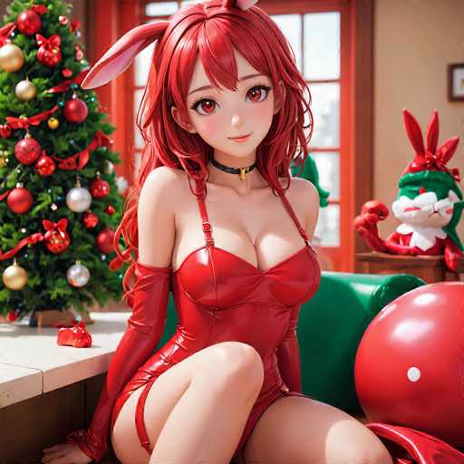A woman is depicted wearing a red dress and high heels, sitting on the floor with her legs crossed. She has long hair that falls over her shoulders. Behind her, there's a Christmas tree adorned with ornaments in gold and silver colors. To the right of the tree, there's a green chair.