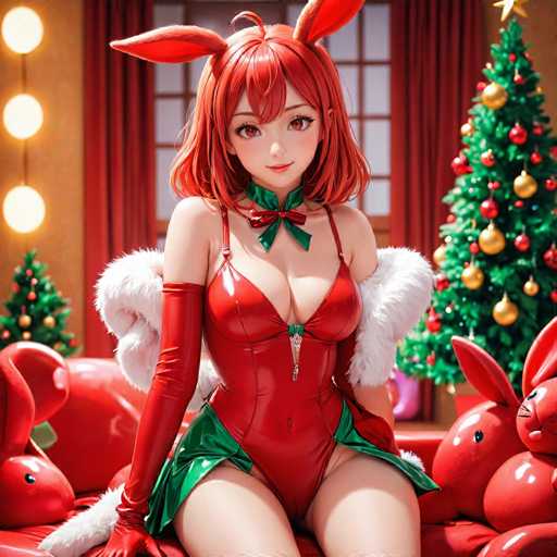 A woman dressed as a bunny is seated on a couch with red fur and white gloves, wearing a green skirt and red top. The background features a Christmas tree decorated with gold ornaments and red and gold tinsel.