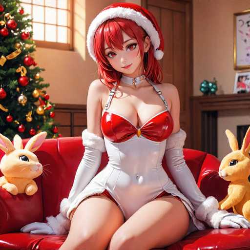 A woman is seated on a red couch with two stuffed animals - one yellow bunny and one brown rabbit - positioned behind her. The woman is wearing a white dress and a red hat, and the background features a Christmas tree decorated with red and gold ornaments.