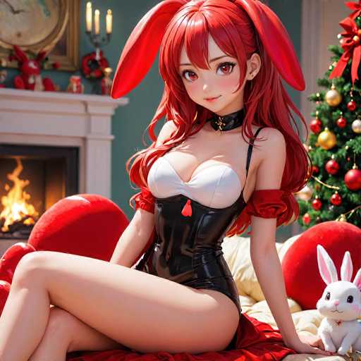 A woman with red hair and a black outfit is sitting on a bed next to a white bunny stuffed animal. The room has a fireplace and Christmas decorations, creating a festive atmosphere.