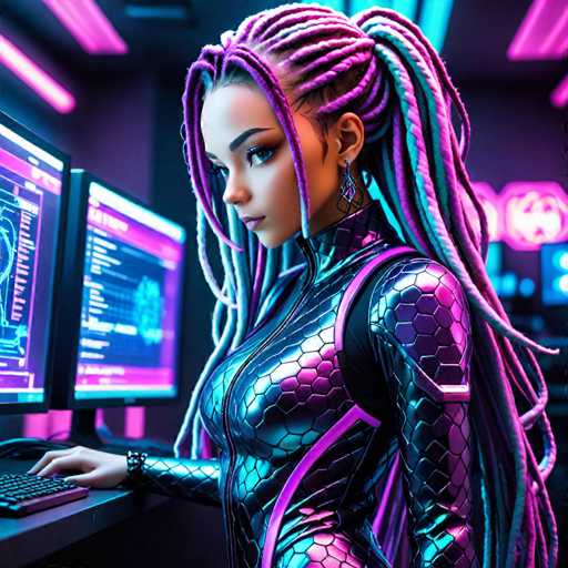 The image depicts a woman with long dreadlocks wearing a futuristic outfit that includes a metallic jumpsuit and a helmet with a large screen on the front. She is standing next to a desk with a computer monitor in front of her. The background features neon lights and a computer screen displaying lines of code, suggesting an environment related to technology or programming.