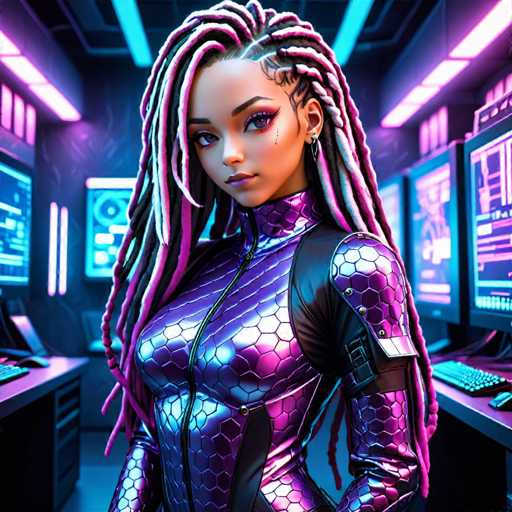 The image depicts a woman with long dreadlocks wearing a purple and black suit with a hexagonal pattern on the chest area. She is standing in front of a computer monitor that displays a blue screen with white text. The background features a neon-lit room with multiple monitors and keyboards, suggesting an office or workspace setting.
