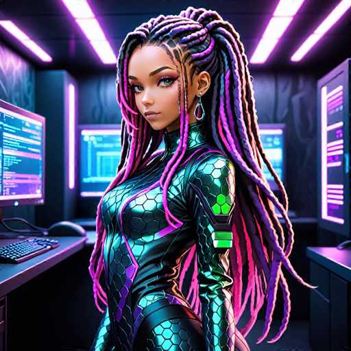 The image depicts a woman with long dreadlocks and a futuristic outfit standing in front of a computer monitor. The background features a dark purple glow from neon lights, creating an atmosphere of mystery and intrigue.