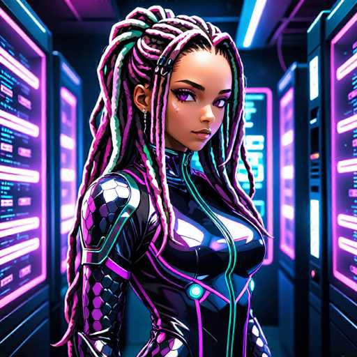 The image depicts a woman with long dreadlocks and a futuristic outfit standing in front of a computer terminal. The woman is positioned centrally within the frame, facing directly at the camera. Her hair is styled in an intricate braided pattern that adds to her unique appearance. She wears a black jumpsuit adorned with neon green accents, giving it a futuristic feel. The background features rows of computer terminals and monitors, suggesting a high-tech environment or perhaps a space station.