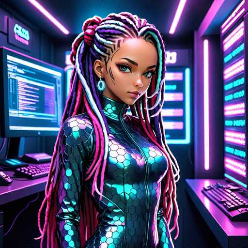 The image depicts a woman with long hair and dreadlocks wearing a metallic jumpsuit or bodysuit that appears to be made of hexagons. She is standing in front of a computer monitor displaying a screen filled with lines of code. The background features a neon-lit room, creating an atmosphere of modernity and technology.