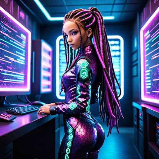 A woman with long dreadlocks and a purple jumpsuit is standing at a desk in front of a computer monitor, typing on the keyboard. The room has a futuristic design with neon lights and a large screen displaying lines of code.