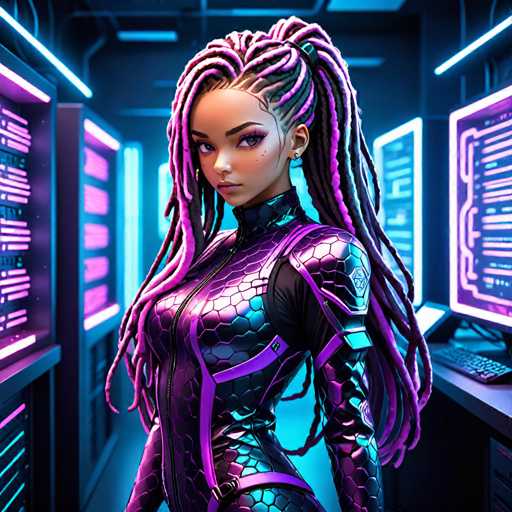 The image depicts a woman with long dreadlocks and purple hair wearing a futuristic outfit that includes a suit of armor and a helmet. She is standing in front of a computer monitor, which suggests she may be working or studying in an environment related to technology or science. The background features neon lights and computer monitors, indicating the setting could be a workspace or a laboratory.