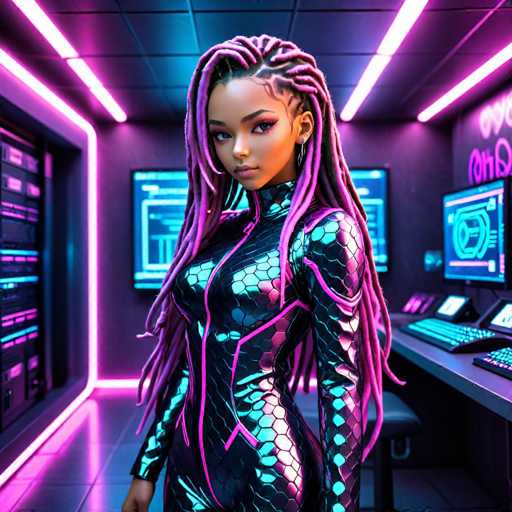 A woman with long purple dreadlocks is standing in a room filled with computer monitors and keyboards. She is wearing a futuristic outfit that includes a metallic jumpsuit with a geometric pattern on the sleeves and legs, as well as a helmet with a visor. The room has a neon pink and blue color scheme, creating an otherworldly atmosphere.