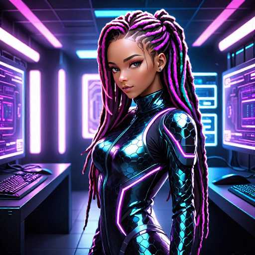 The image depicts a woman with long dreadlocks and a futuristic outfit standing in front of a computer monitor. The room is illuminated by neon lights, creating an otherworldly atmosphere.