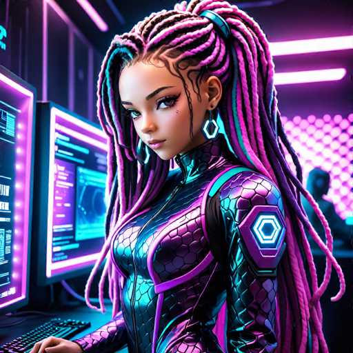 The image depicts a woman with long dreadlocks and a purple suit standing in front of a computer monitor. The background is dark and features neon lights that create an otherworldly atmosphere.